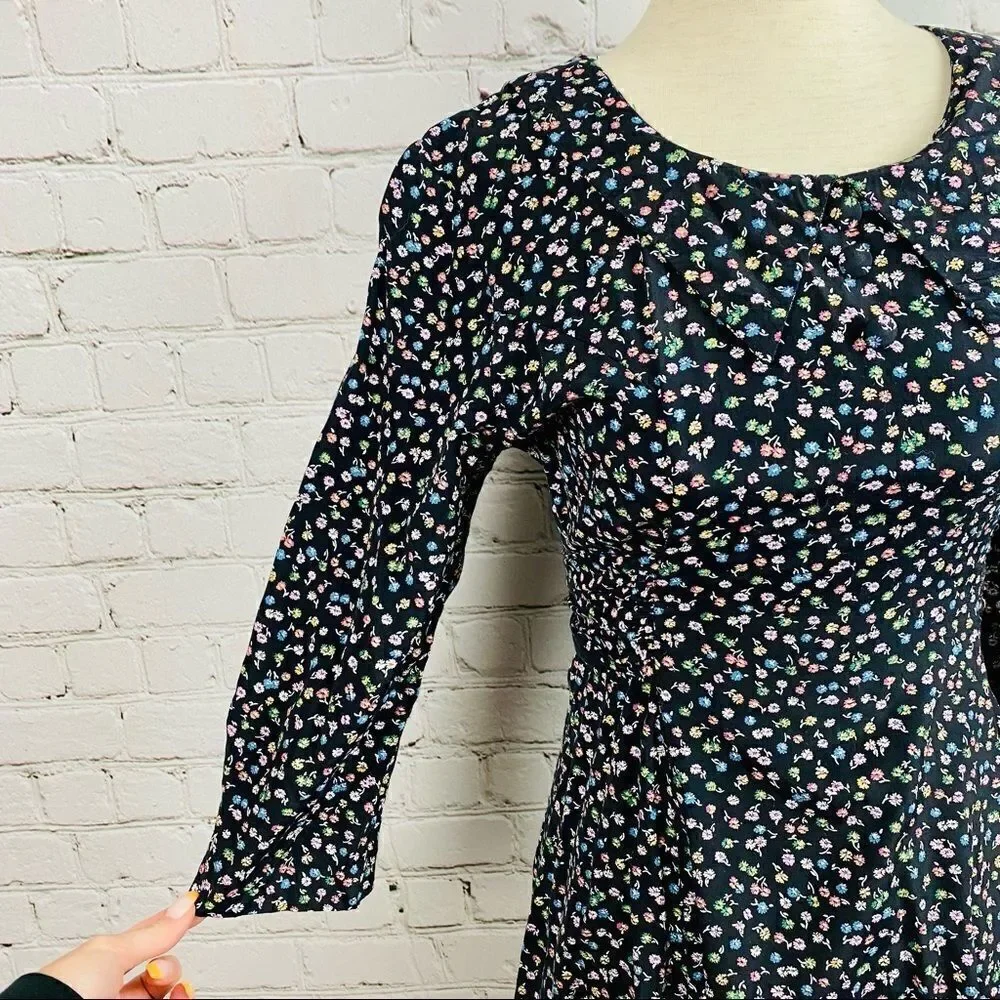 VTG 80s SL Petite Dagger Collar Navy Floral Tie Back Mini Dress Long Sleeves